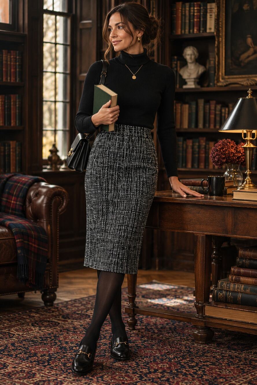 Calvin Klein Women’s Size 10 Black White Tweed Pencil Skirt Dark Academia